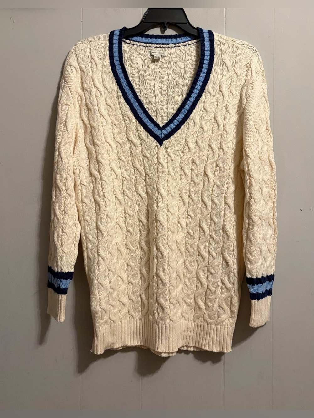 American Eagle Outfitters Cream Cable Knit V-Neck Sweater with Blue Trim
